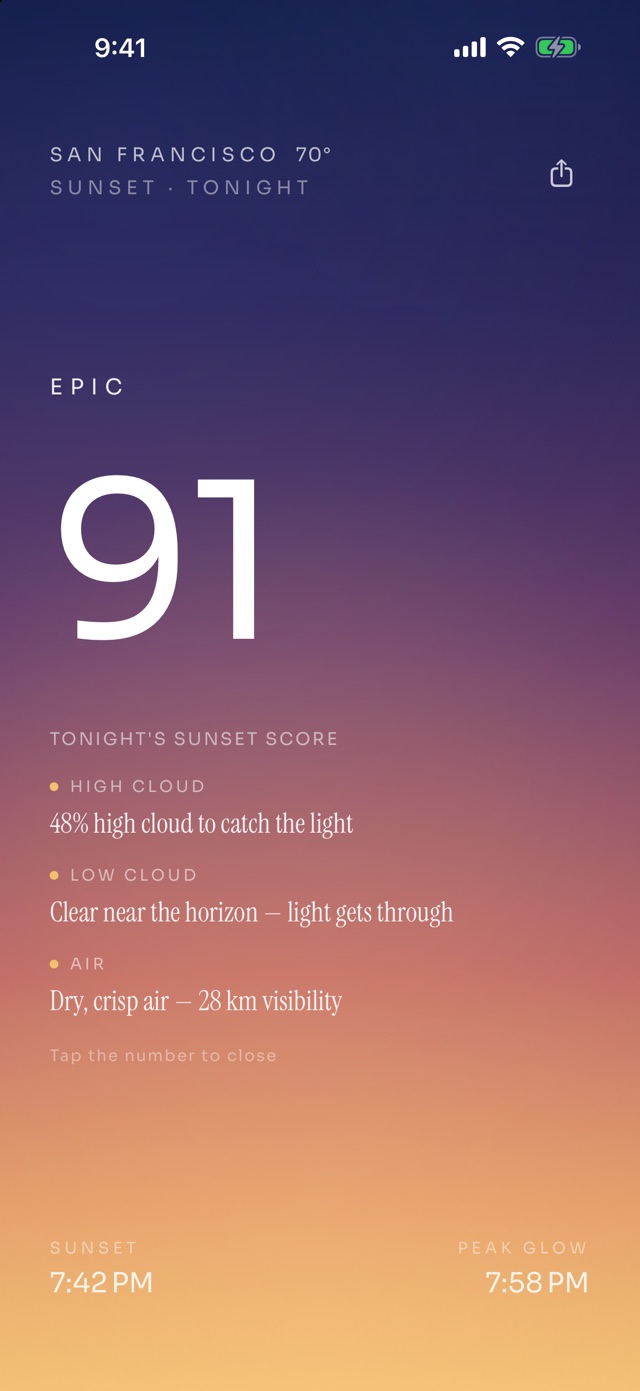 GldnSky app screen: Why It Scores